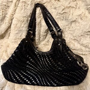COLE HAAN Genevieve Woven Triangle Black Patent Leather Tote/Shoulder Bag